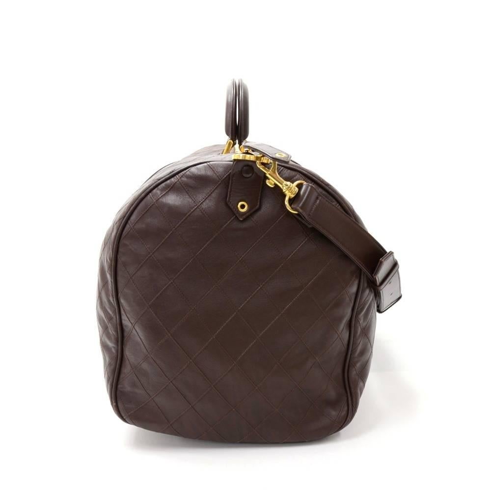 Black Vintage Chanel Boston Brown Leather XL Travel Bag + Strap For Sale
