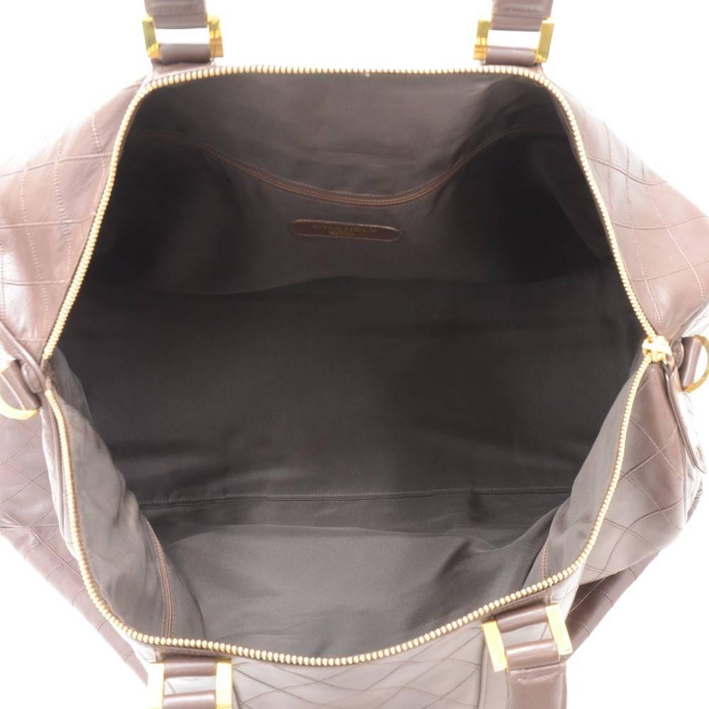 Vintage Chanel Boston Brown Leather XL Travel Bag + Strap For Sale 4