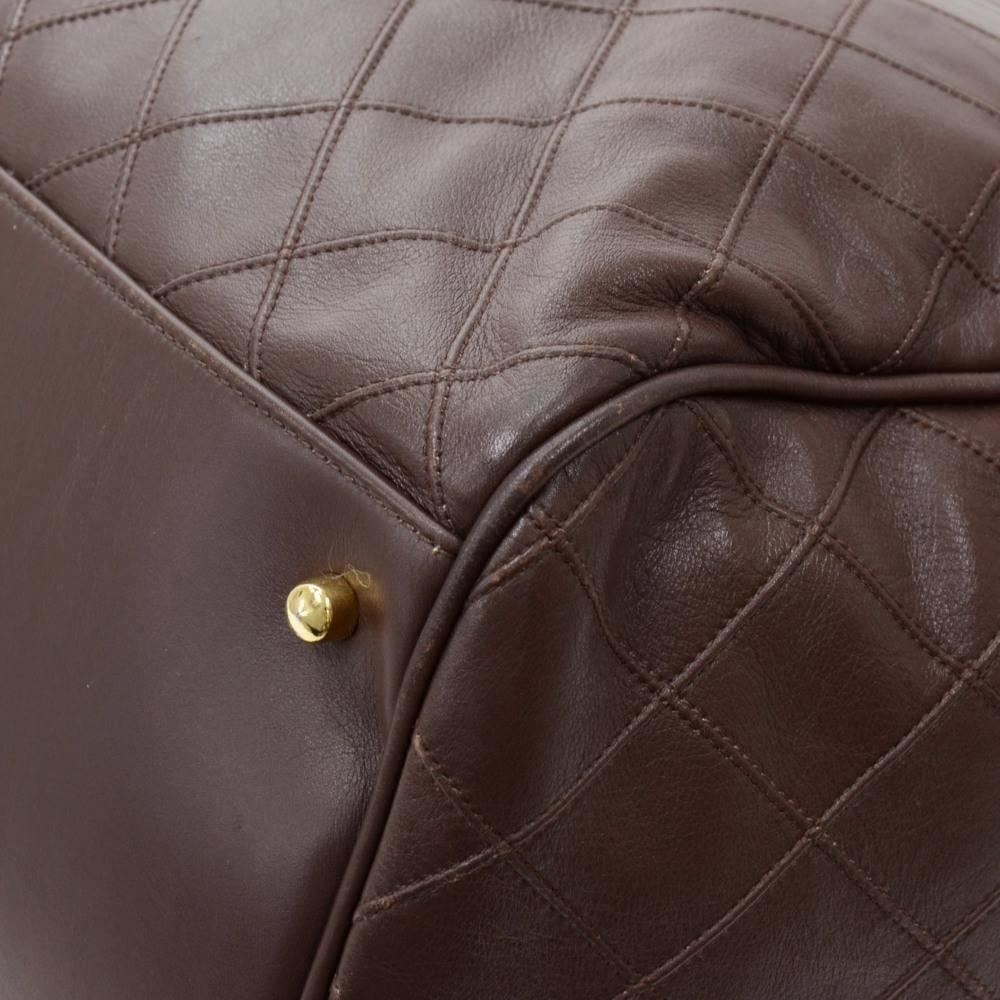 Vintage Chanel Boston Brown Leather XL Travel Bag + Strap For Sale 2