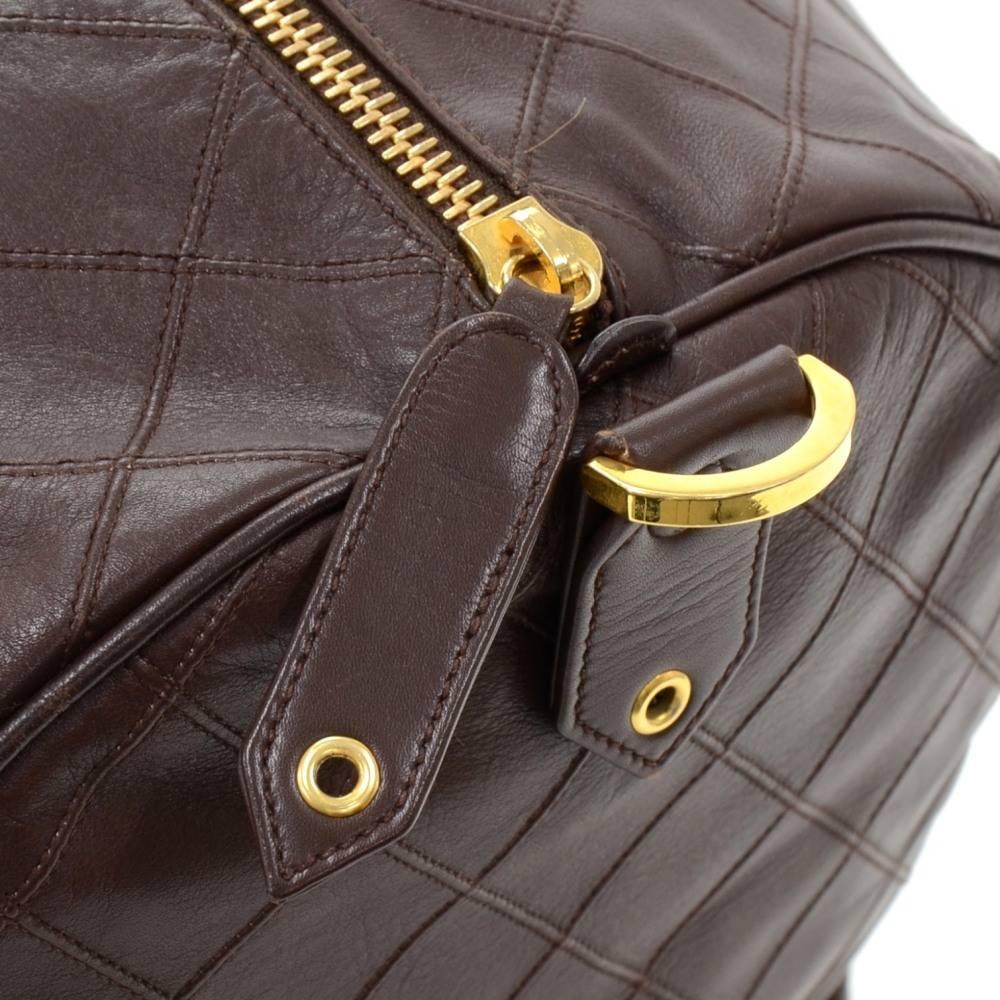 Women's or Men's Vintage Chanel Boston Brown Leather XL Travel Bag + Strap For Sale