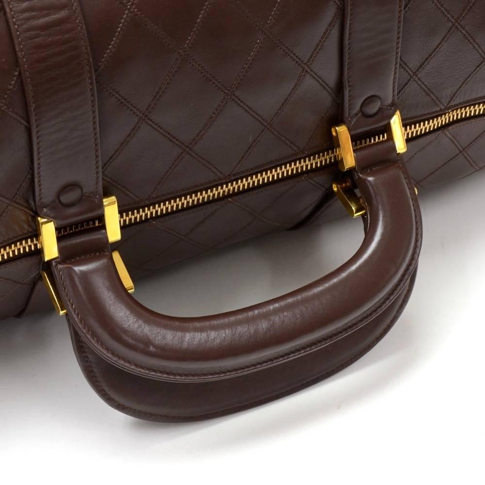 Black Vintage Chanel Boston Brown Leather Large Travel Bag + Straps For Sale