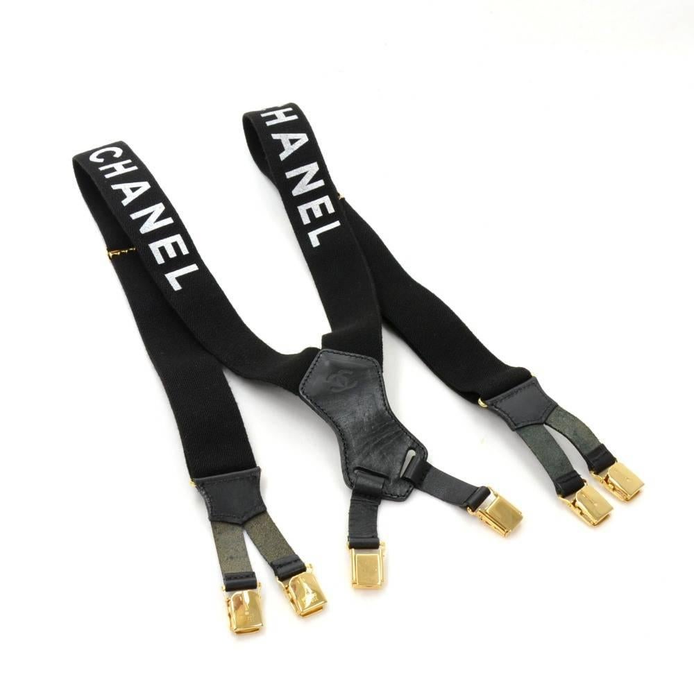This are Chanel black suspenders. It has CHANEL printed in white on black rubber. 6 gold tone clip on to secure the suspenders on to your clothing. Very rare item!! Total length from one end to the other is app 30.3 inch or 77 cm.

Made in: