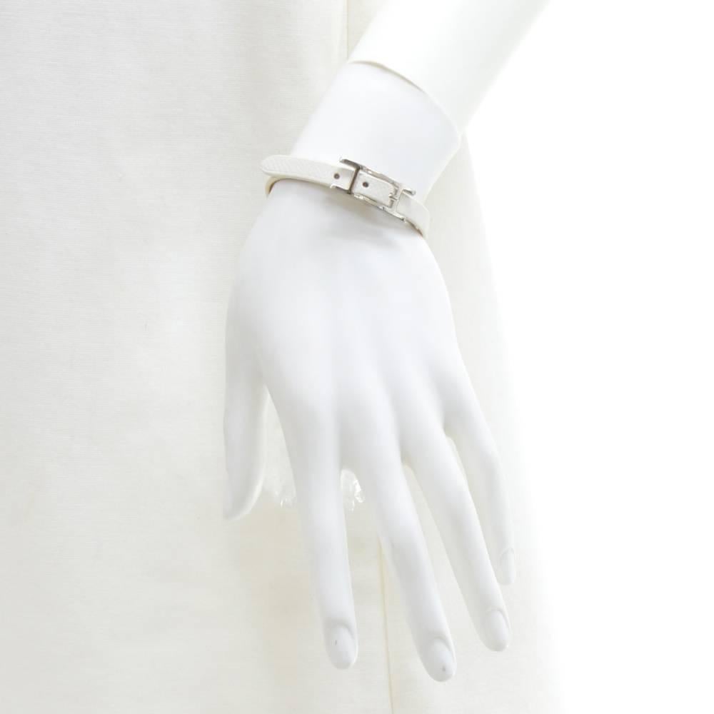Hermes Api III White Leather Silver Tone H Logo Bracelet 4