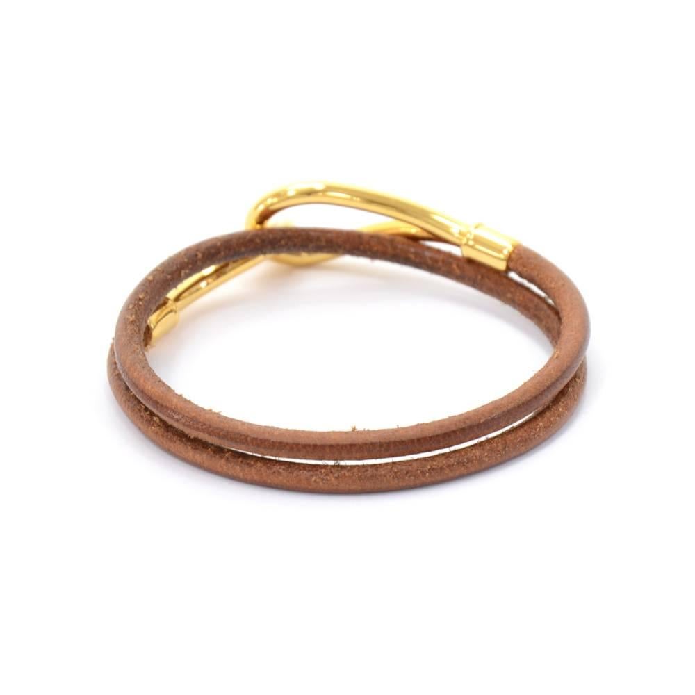 Hermes Brown Leather x Silver Tone Hook Double Wrap Jumbo Bracelet In Excellent Condition In Fukuoka, Kyushu