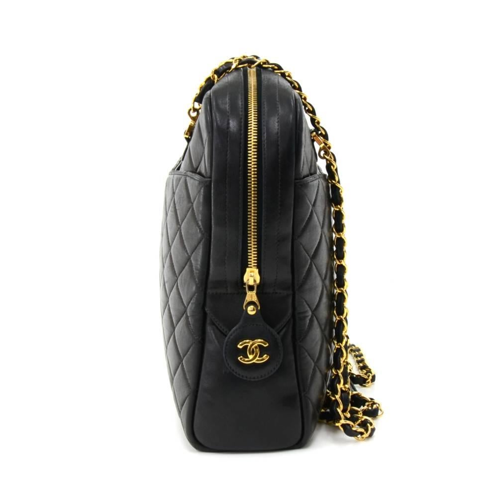 Women's Chanel Vintage XL Tote Black Shoulder Bag  Quilted Lambskin Leather