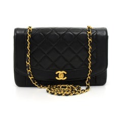 Vintage Chanel 10" Diana Classic Black Quilted Leather Shoulder Flap Bag 