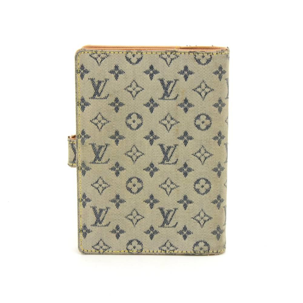 Louis Vuitton agenda PM cover with 6-rings in blue mini monogram canvas. It has a stud closure and a pen holder, 3 card slots, 2 side slip pockets, and a ruler. Refills can be either purchased at LV store or use generic 6-ring refills. SKU: