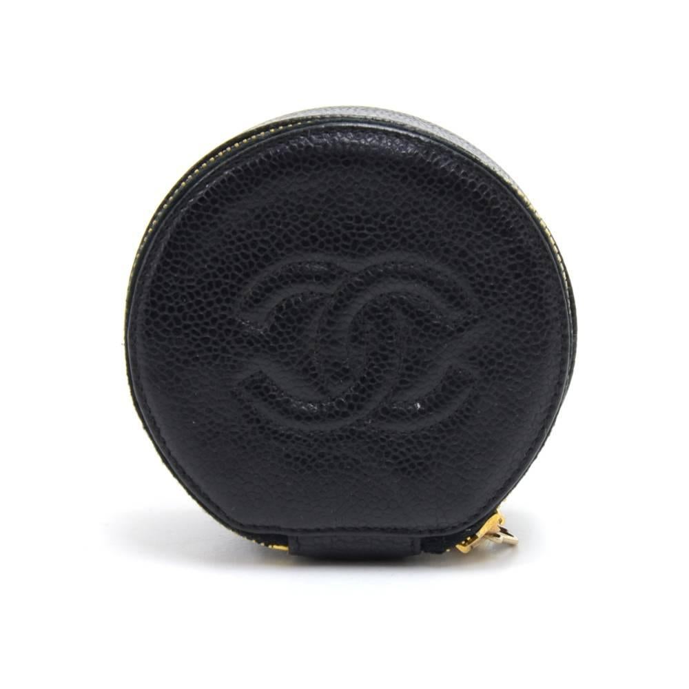Vintage Chanel Black Caviar Leather Round Jewelry Case 1