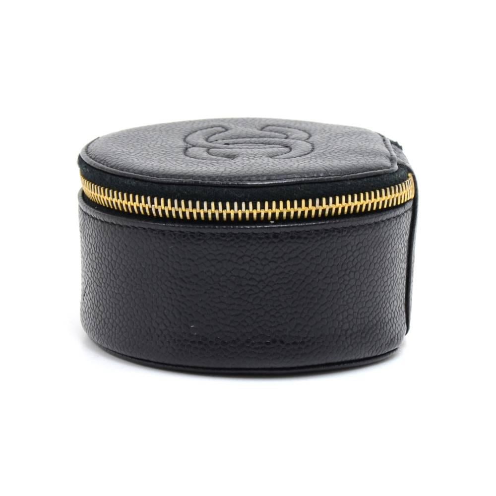 Women's Vintage Chanel Black Caviar Leather Round Jewelry Case