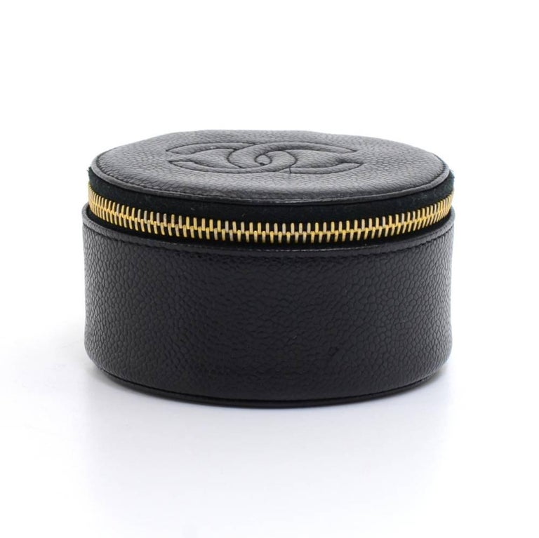Vintage Chanel Black Caviar Leather Round Jewelry Case