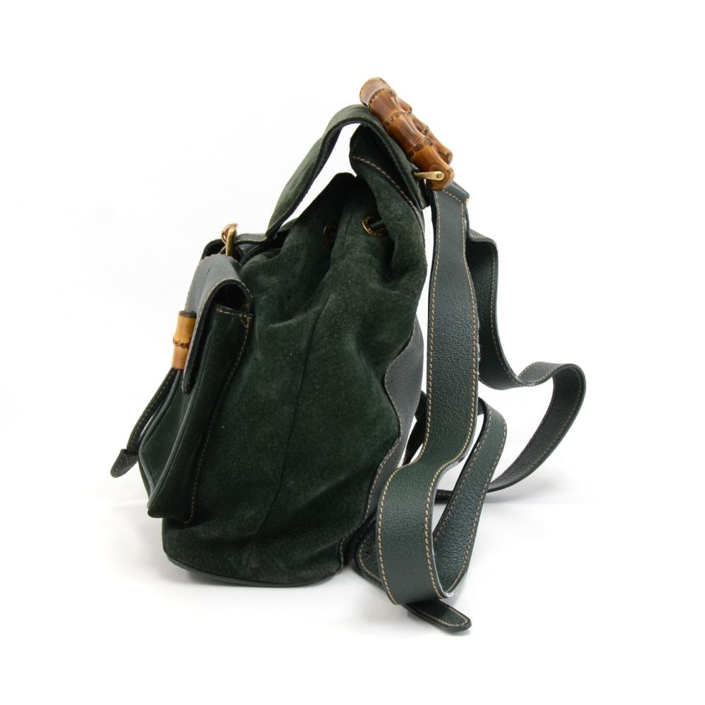 Vintage Gucci Green Suede Leather Bamboo Backpack In Good Condition In Fukuoka, Kyushu