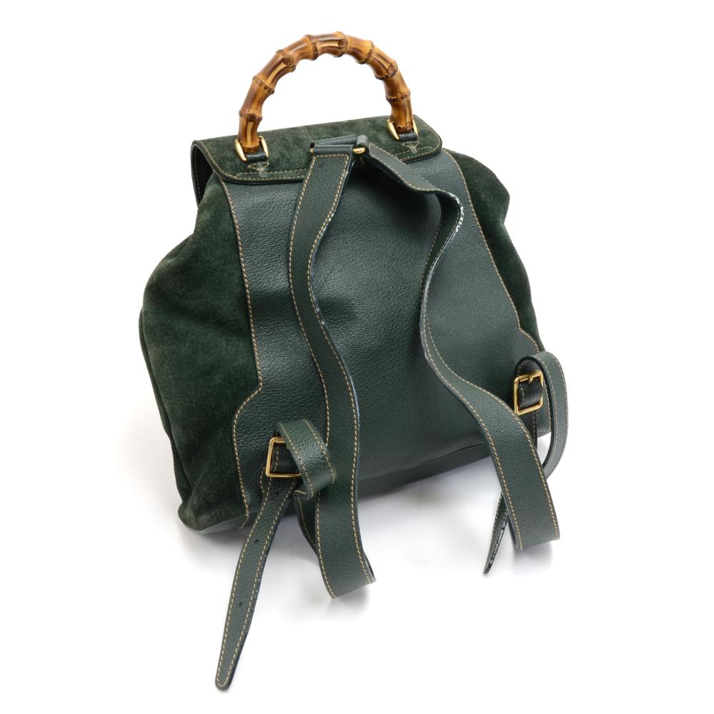Vintage Gucci Green Suede Leather Bamboo Backpack 1