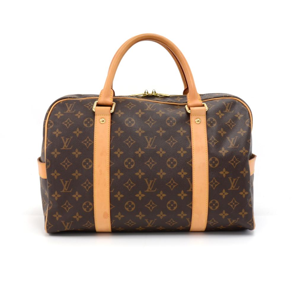 Louis Vuitton Carryall travel bag in monogram canvas. It has 1 open slip pocket on each side. Top closed with double zipper. Inside has brown canvas lining with 1 large open pocket. Great for your short trip. It come with name tag and poignees. SKU: