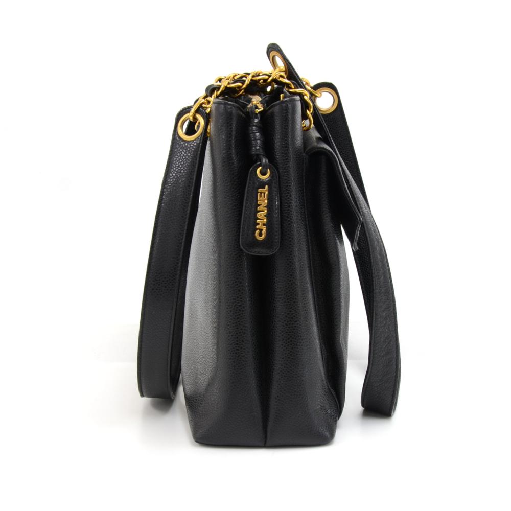 Women's Vintage Chanel Black Caviar Leather Front Envelope Pocket Chain Shoulder Bag For Sale