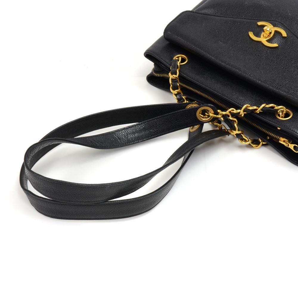 Vintage Chanel Black Caviar Leather Front Envelope Pocket Chain Shoulder Bag For Sale 2