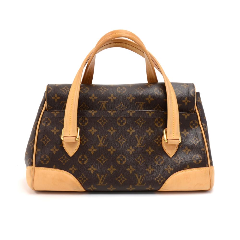 Authentic Louis Vuitton Beverly GM hand bag in monogram canvas. Outside, it has 1 exterior slip pocket on the back. Flap top secured with push lock closure. Inside is in beige alkantra lining with 1 open pocket, 1 pocket with flap and 1 for glasses,
