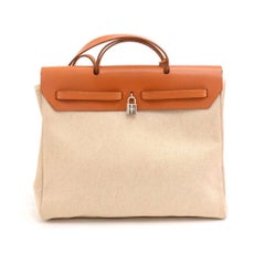 Vintage Hermes Herbag MM Zip Large Beige Canvas Brown Leather Shoulder Bag