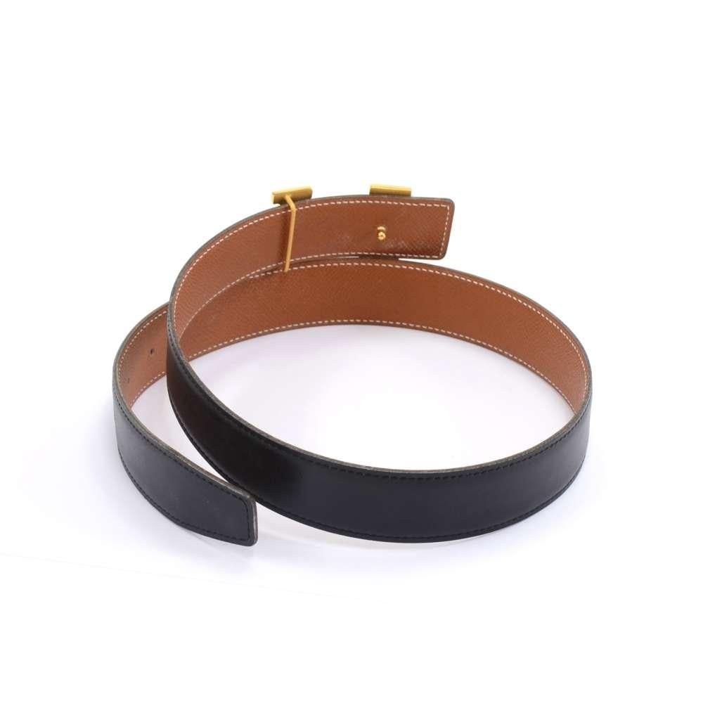Vintage Hermes Brown & Black Leather Gold Tone H Buckle Waist Belt-Size 65 In Good Condition In Fukuoka, Kyushu
