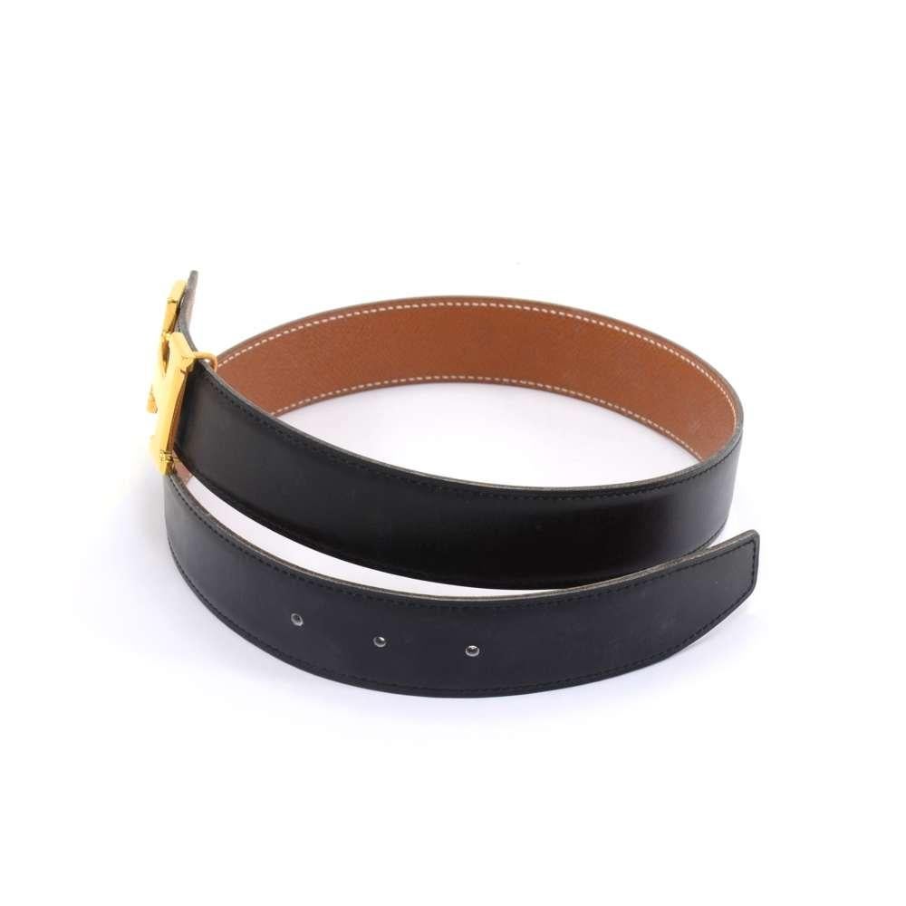 Women's or Men's Vintage Hermes Brown & Black Leather Gold Tone H Buckle Waist Belt-Size 65