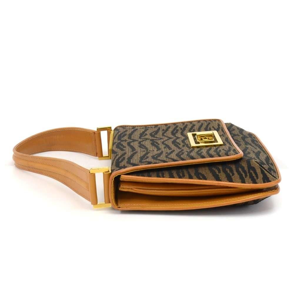 Women's Vintage Fendi Tobacco Tiger Print Canvas & Brown and Yellow  leather Flap Should For Sale