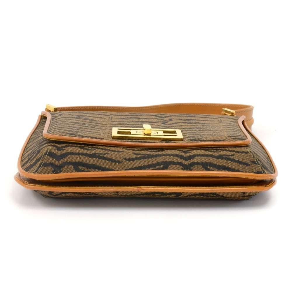 Vintage Fendi Tobacco Tiger Print Canvas & Brown and Yellow  leather Flap Should For Sale 1