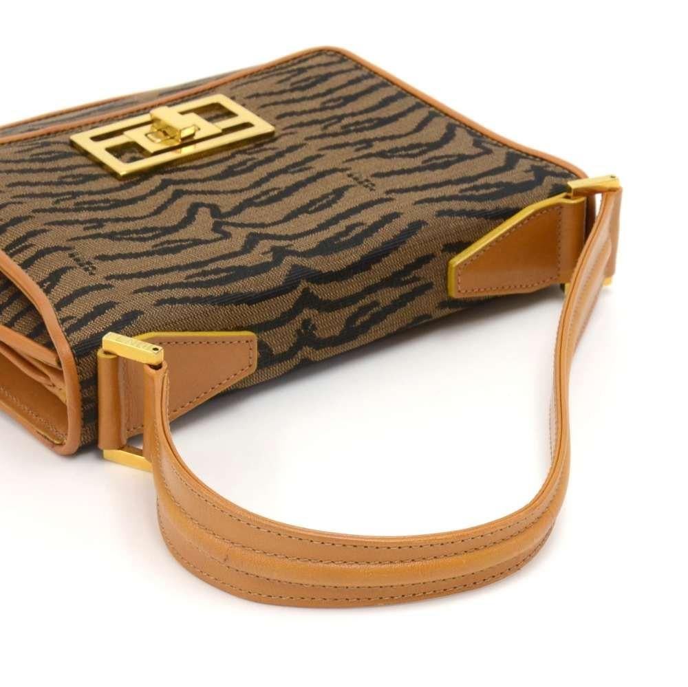 Vintage Fendi Tobacco Tiger Print Canvas & Brown and Yellow  leather Flap Should For Sale 2