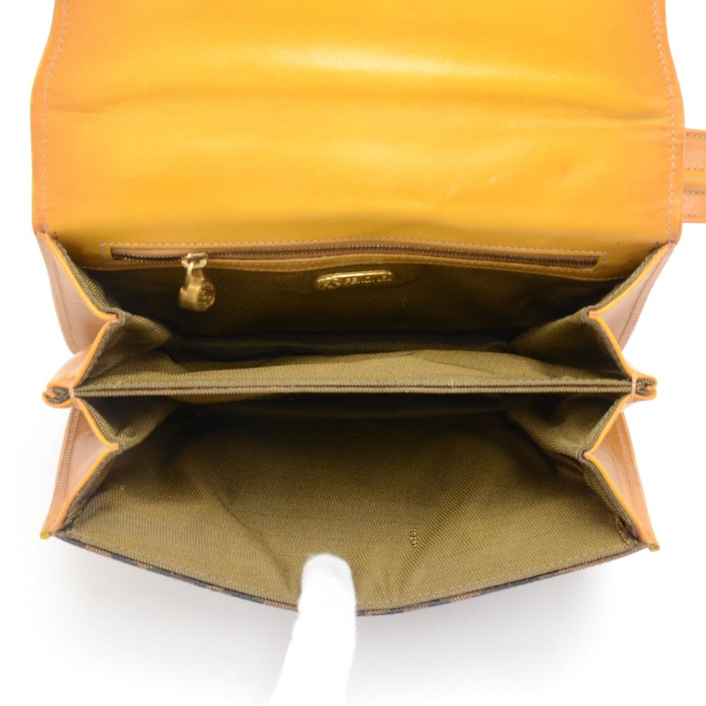 Vintage Fendi Tobacco Tiger Print Canvas & Brown and Yellow  leather Flap Should For Sale 5