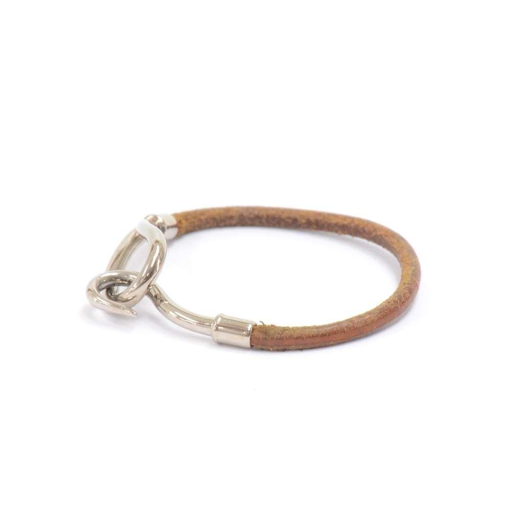 Women's Hermes Brown Leather x Silver Tone Hook Jumbo Bracelet For Sale