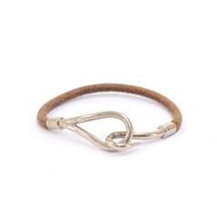Hermes Brown Leather x Silver Tone Hook Jumbo Bracelet