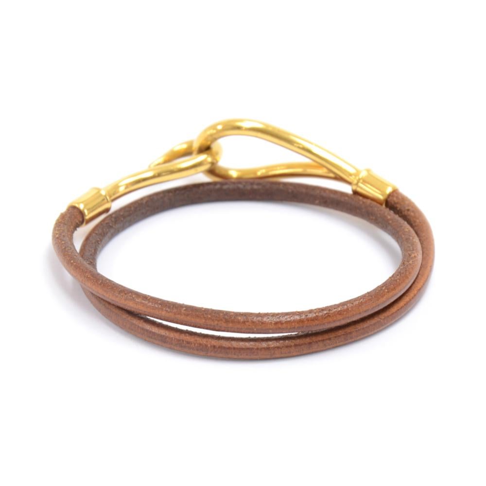 Hermes Brown Leather x Gold Tone Hook Double Wrap Jumbo Bracelet In Good Condition In Fukuoka, Kyushu