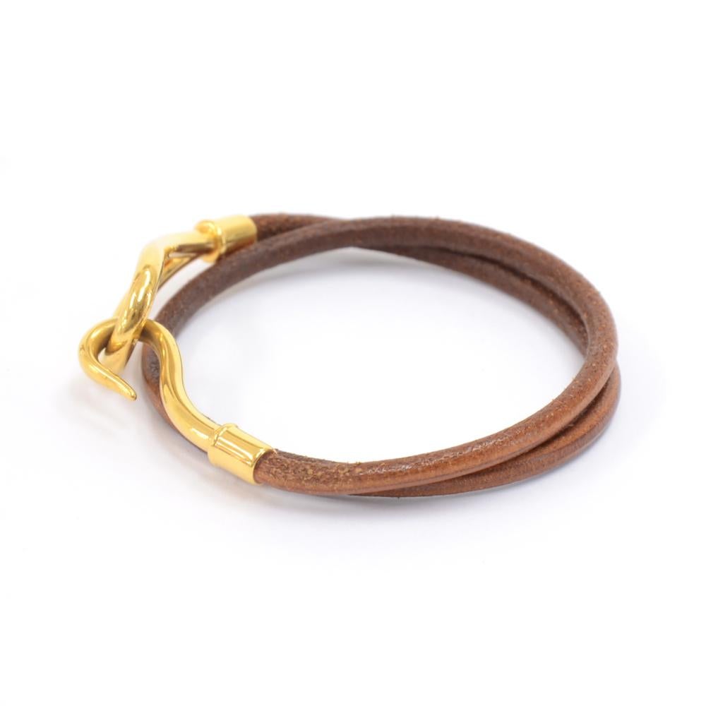 Women's Hermes Brown Leather x Gold Tone Hook Double Wrap Jumbo Bracelet