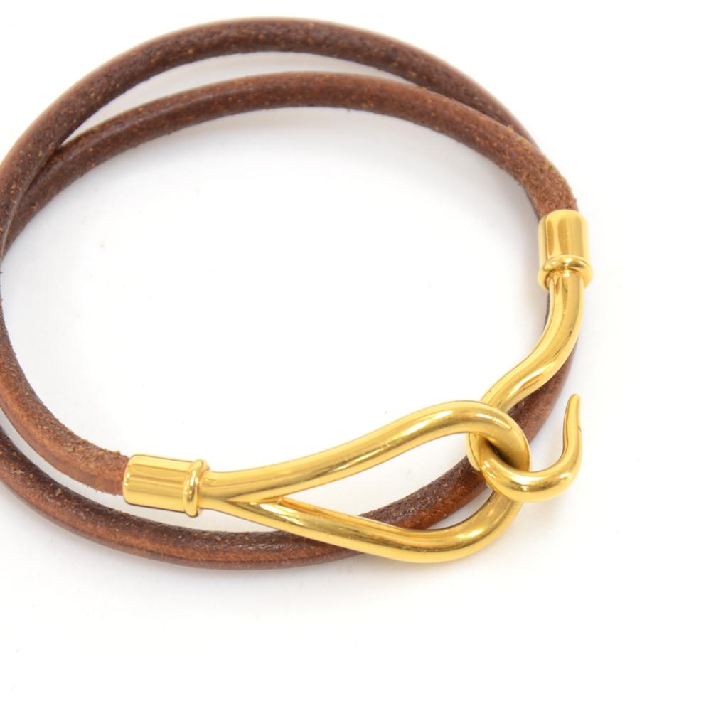 Hermes Brown Leather x Gold Tone Hook Double Wrap Jumbo Bracelet 1