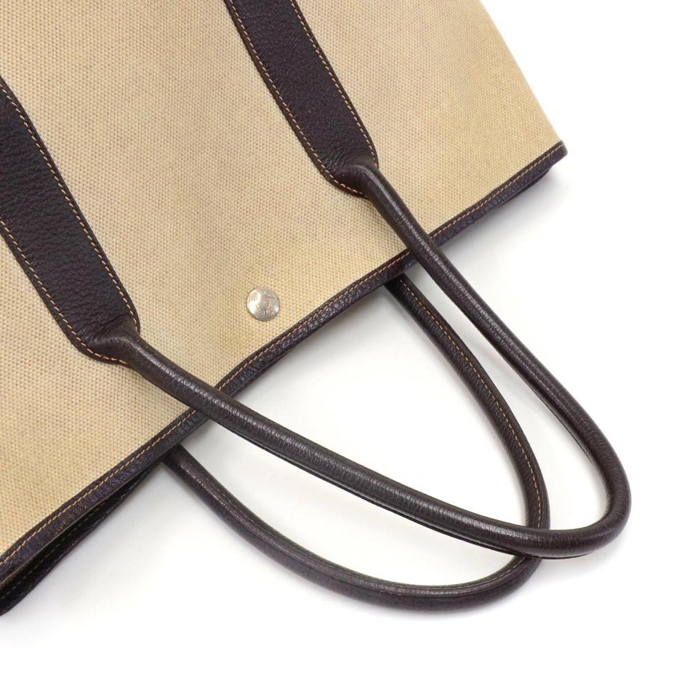 Orange Hermes Garden Party PM Chocolate Brown Leather Beige Canvas Handbag For Sale