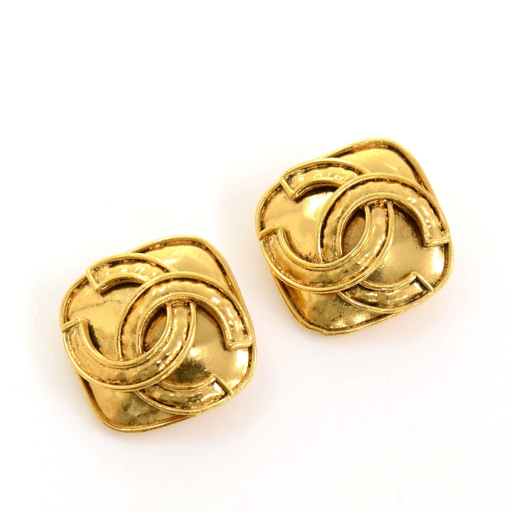 Women's Chanel Gold Tone CC Logo Square Earrings
