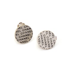 Chanel Silver & Black Logo Pattern Flat Round Earrings