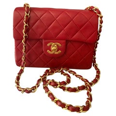 Chanel Mini Square 17cm Red Leather Classic Flap Shoulder Bag Crossbody