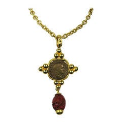 Philippe Ferrandis Gilt Gold Cinnabar Drop Necklace New Old Stock 90s 9