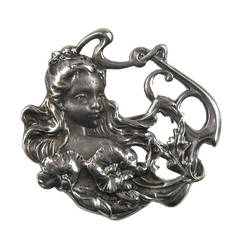 Lovely Lady Art Nouveau Sterling silver Portrait Brooch Pin Pendant 1920s 12