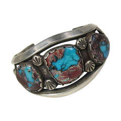 Vintage Navajo cuff sterling silver bracelet Old pawn turquoise Brown Matrix 10