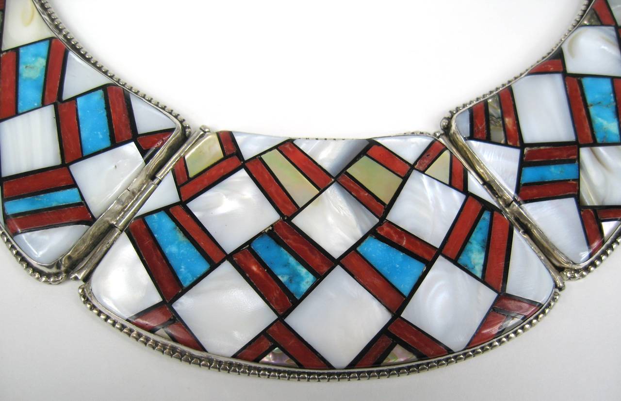 OLD Pawn Southwestern Zuni Inlaid Turquouise Coral 3 panel Necklace In New Condition In Wallkill, NY