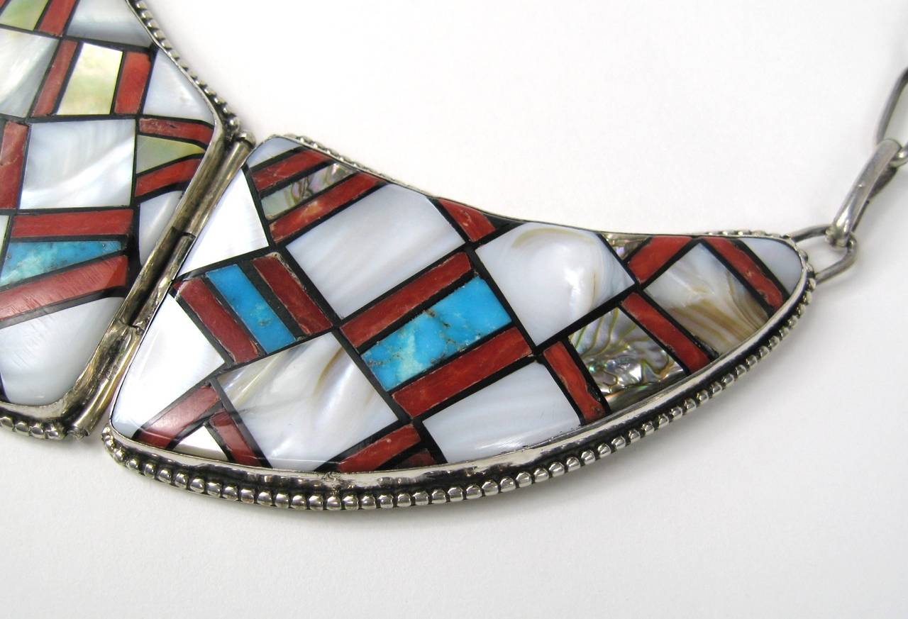 Women's OLD Pawn Southwestern Zuni Inlaid Turquouise Coral 3 panel Necklace