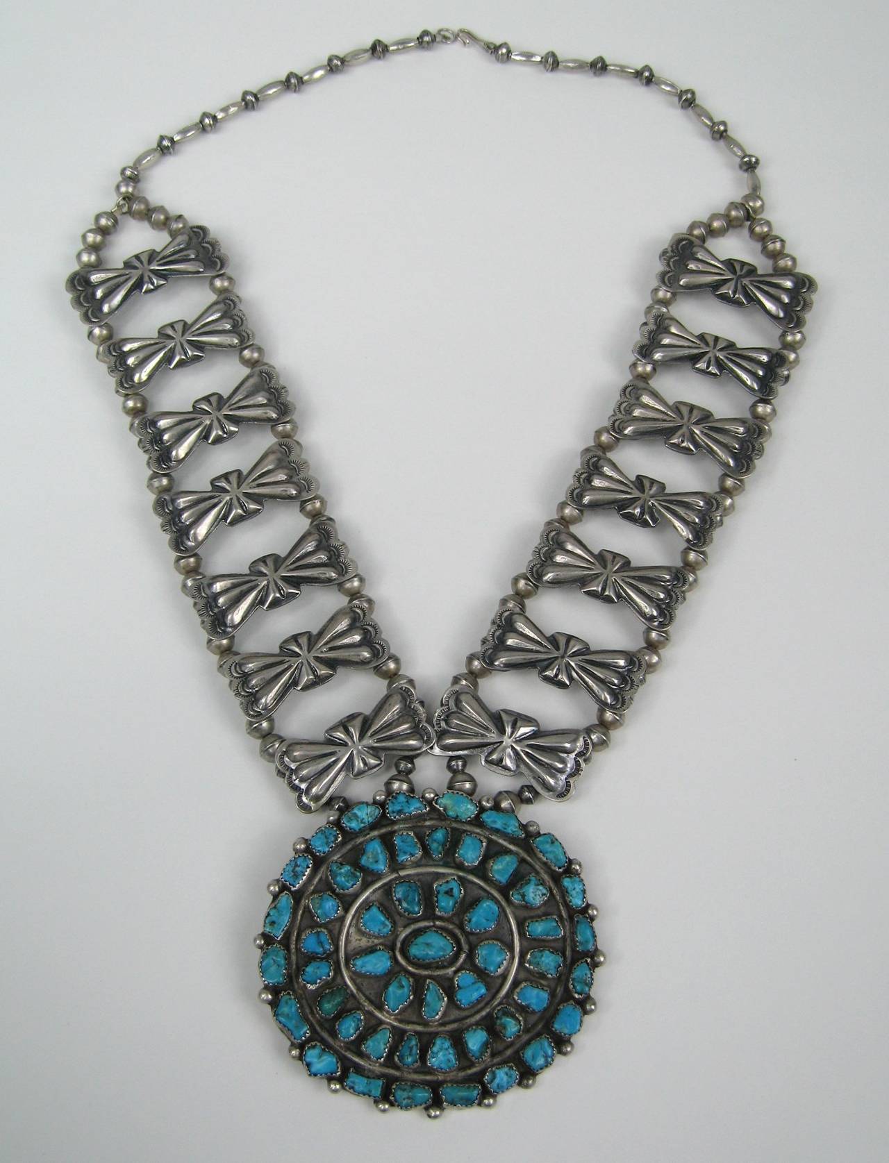 Sterling Pawn Butterfly link Squash Blossom Turquoise Necklace For Sale at 1stdibs