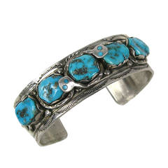 Early Effie C Zuni Sterling Silver Snake Turquoise Cuff Bracelet