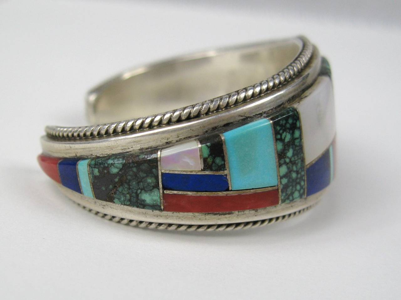 Zuni Sterling Silver Turquoise Lapis Coral Cuff Bracelet For Sale at