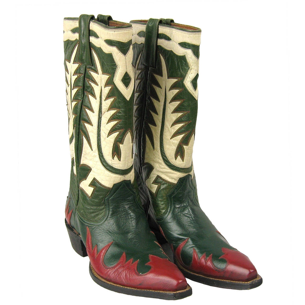 1950s Hand made Green Red White Leather Cowboy Boots For Sale at 1stdibs