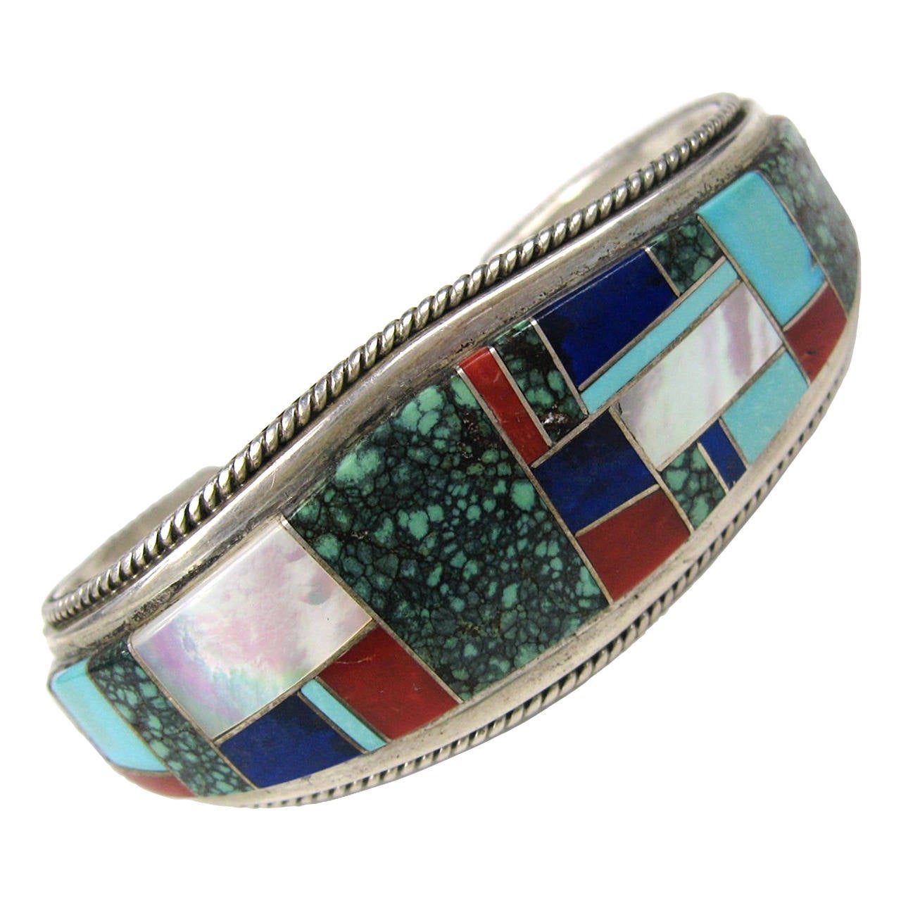Zuni Sterling Silver Turquoise Lapis Coral Cuff Bracelet For Sale at