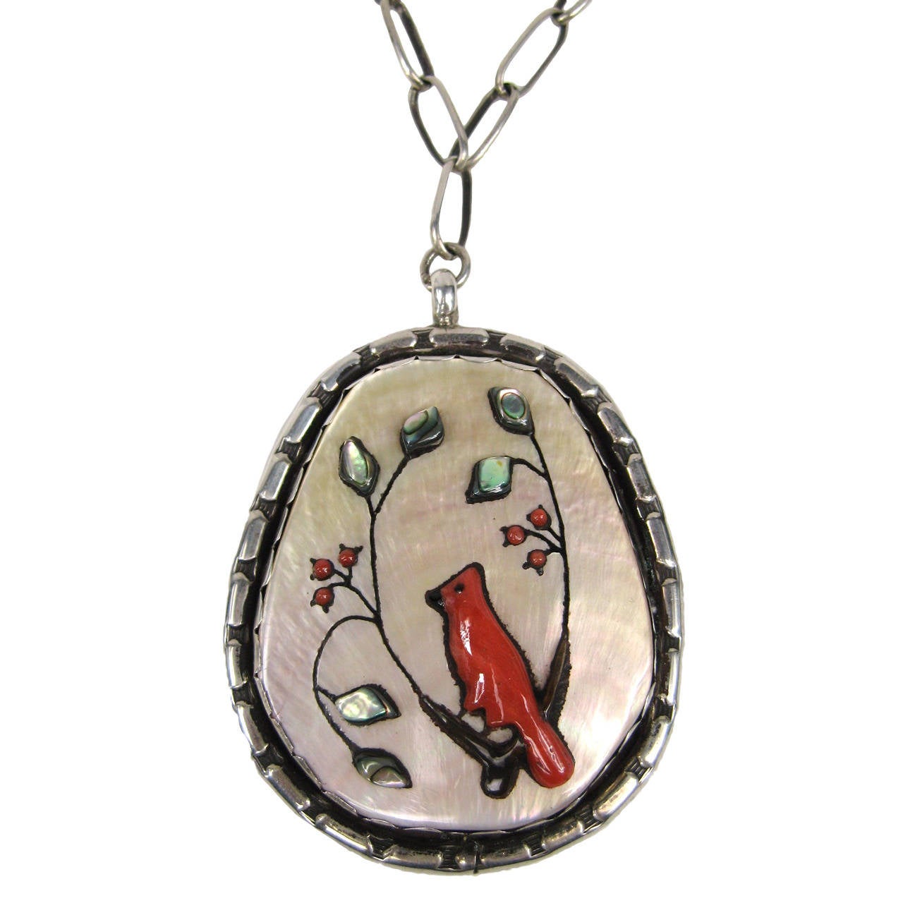 Sterling Silver Zuni Shell Coral Cardinal Pendant with Necklace For