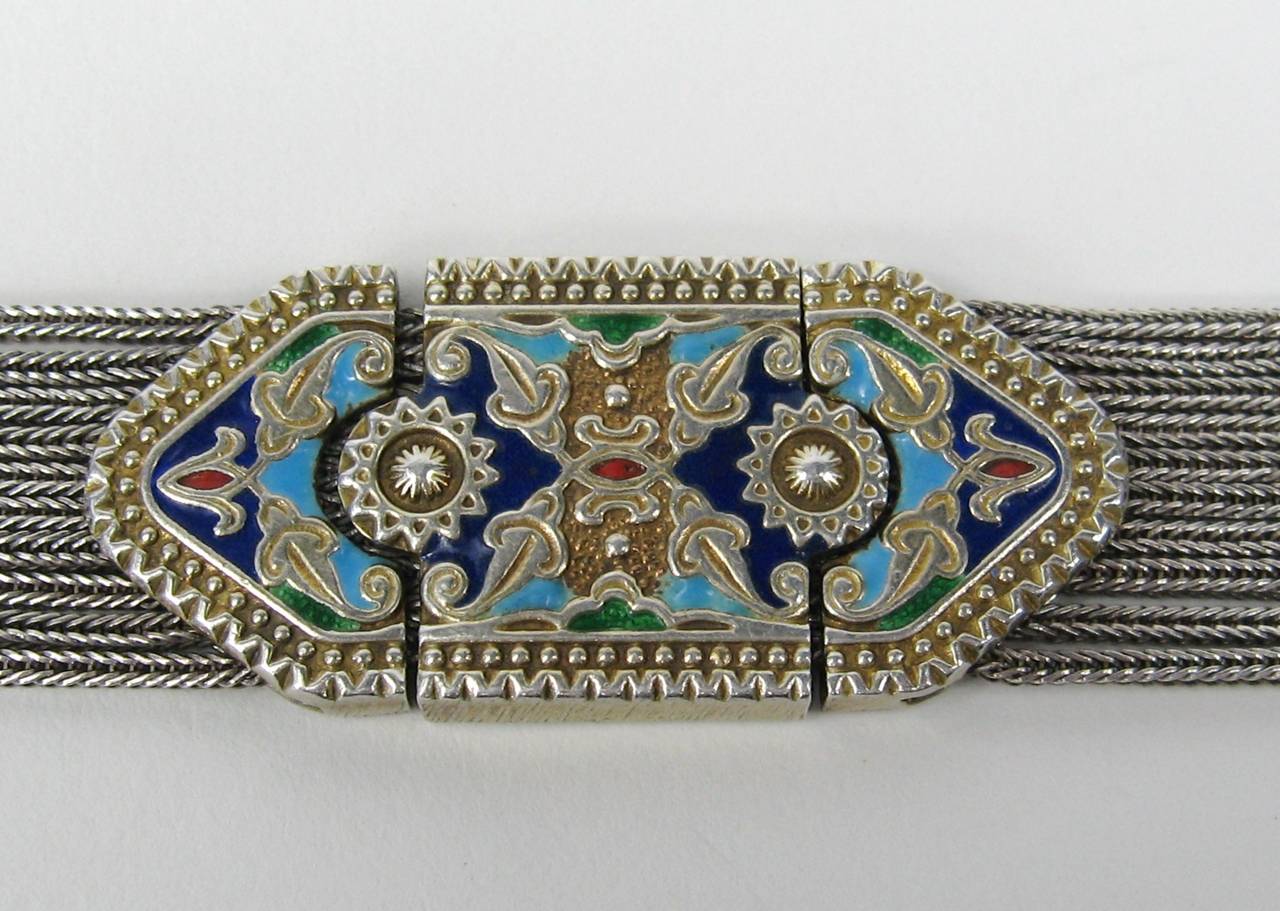Stunning enamel work on this Turkish Sterling Silver Bracelet 
Panels connected with 10 Sterling chains
Slide in Clasp 
Measuring 
.80
