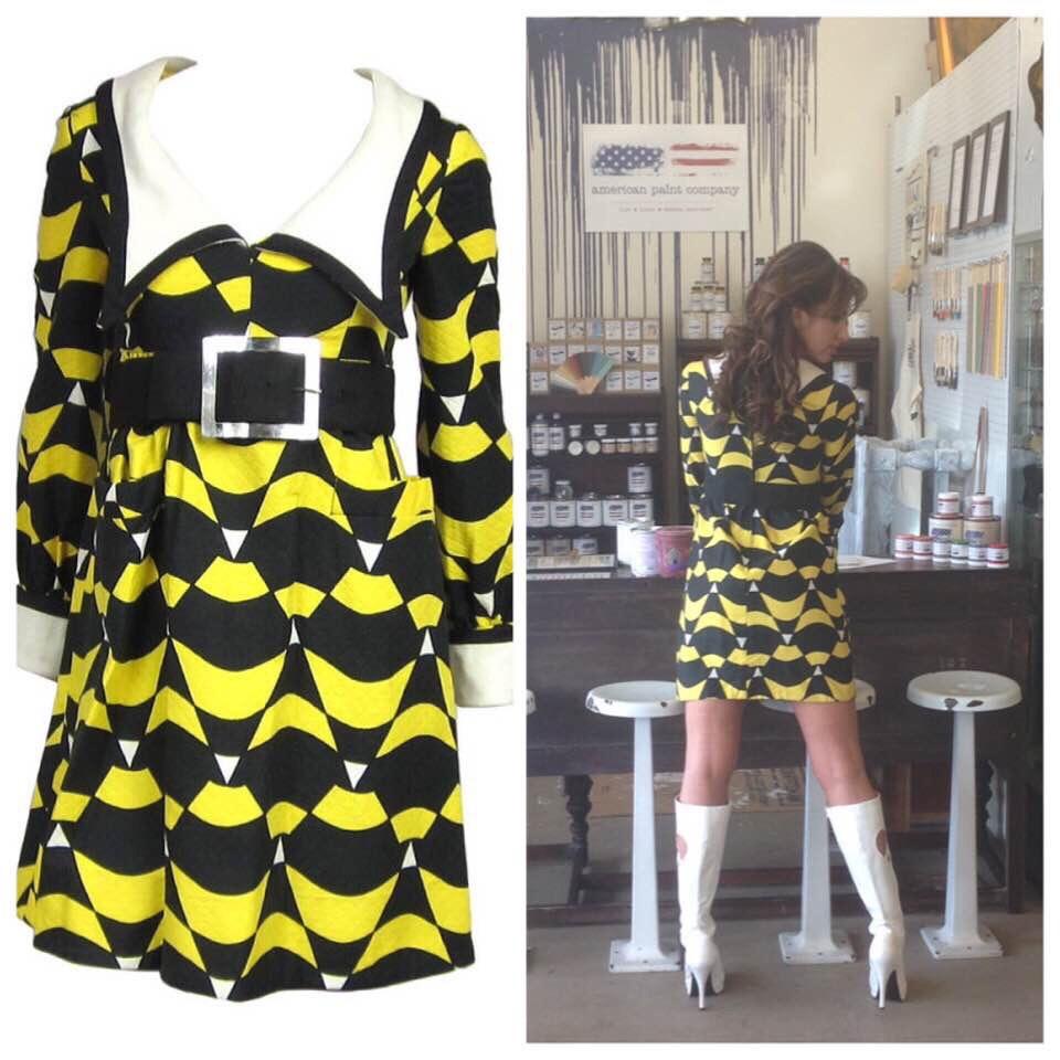 Women's  Mod Graphic Empire waist Yellow Black Midi Dress Mam'selle Betty Carol 1960s For Sale