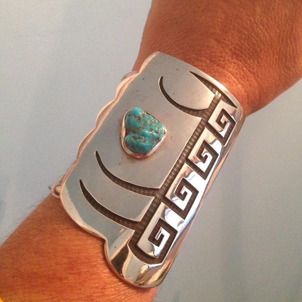  Sterling Silver Turquoise Shield Bracelet Cuff Hopi Old Pawn  For Sale 4